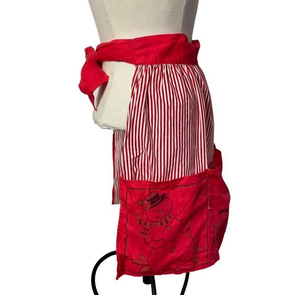 Vintage Christmas Half Apron Red White Strip Snowman Santa Toys Tree Mid Century - Picture 6 of 12